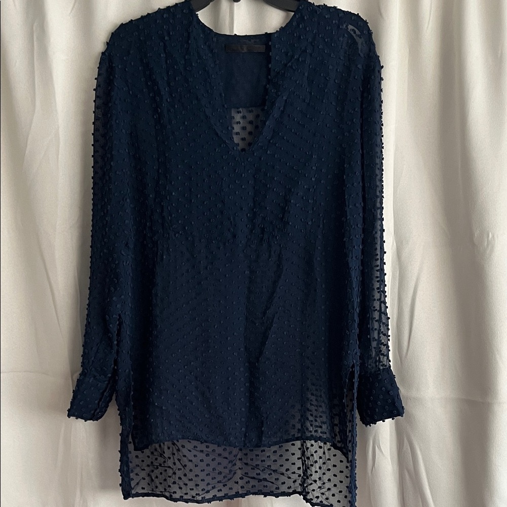 Jenni Kayne Navy Blue Long Sleeve Swiss Dot Tunic Blouse‎ Small